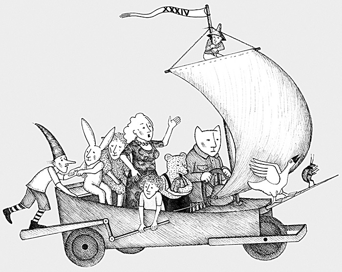 Illustration: Fantasievolle Figuren auf einem Segelwagen – Irmhild Schwarz